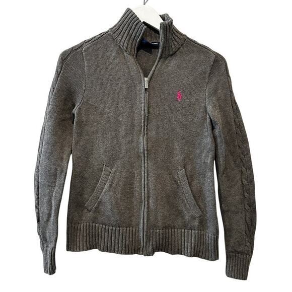 Ralph Lauren Fall Pink Logo Long Sleeve Zip Up Small Knit Sweater Grey Jacket - Picture 1 of 12